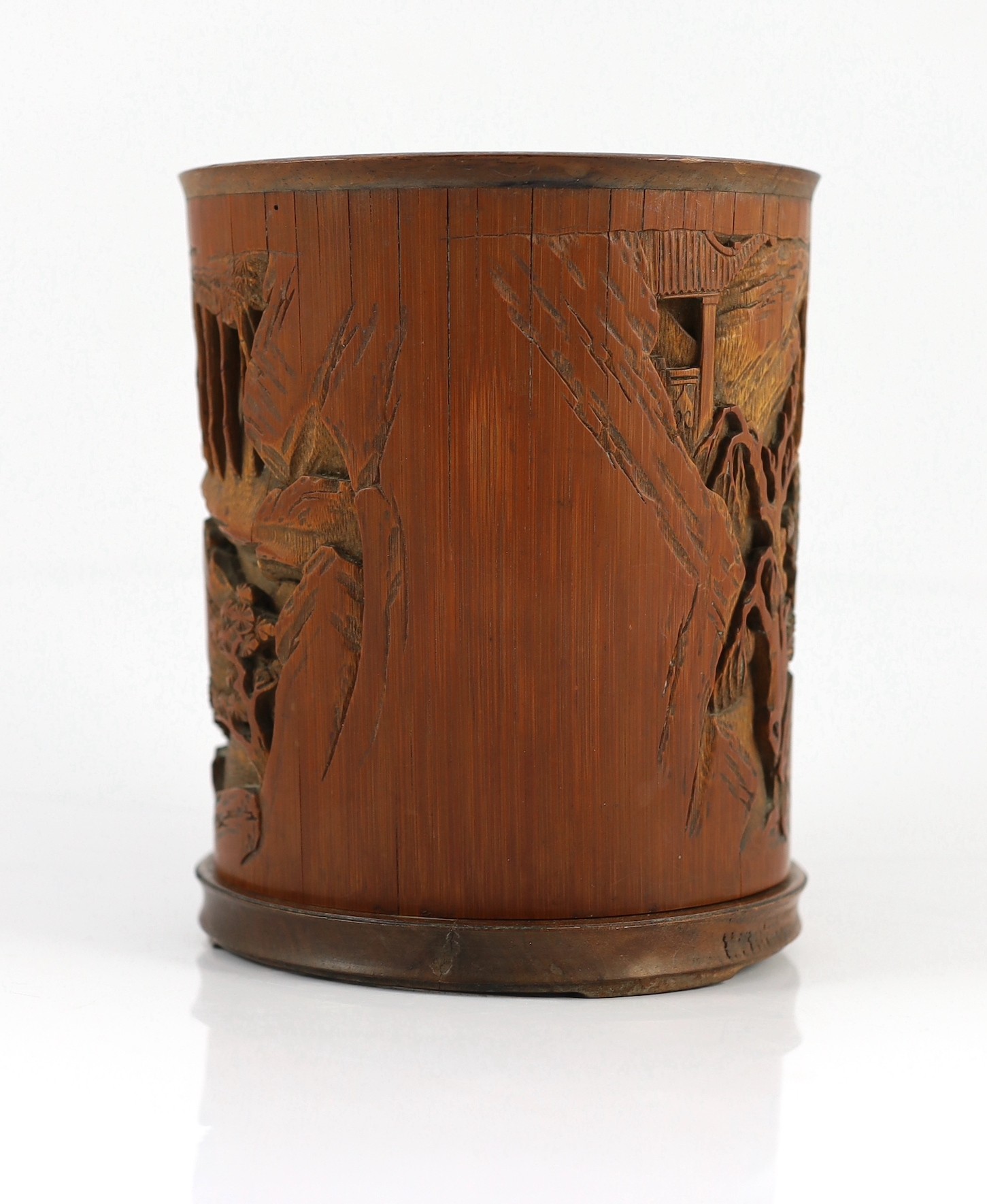 A Chinese bamboo and hongmu ‘scholars’ brushpot, bitong, 18th century, 16.5cm high, 13.5cm wide at base